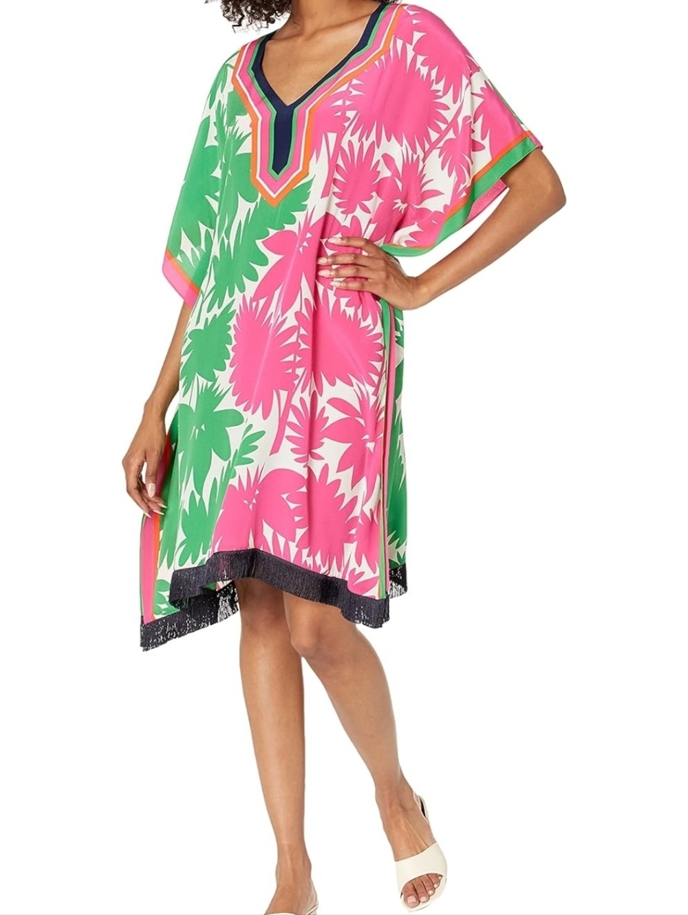 Trina Turk Theodora 100% Silk Caftan Dress XS/S Resort Mojito & Aloha Fuchsia